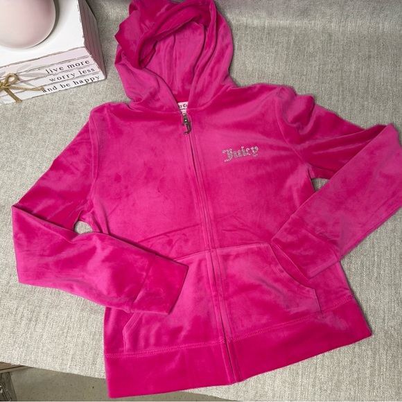 Juicy Couture Tops - Juicy Couture Hot Pink Velour Zip Hoodie Small Y2K Rhinestone Logo